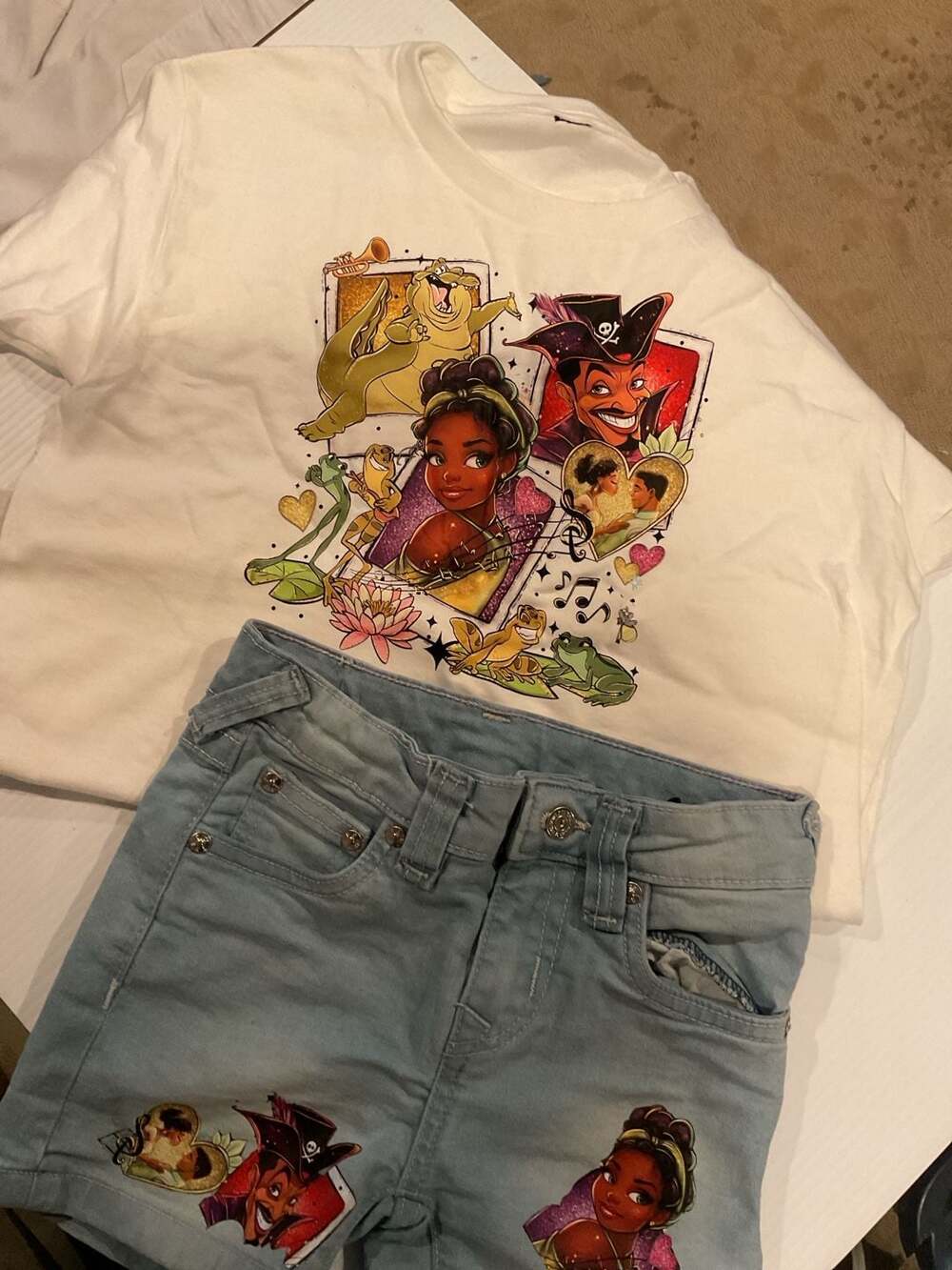 True Religion Girl's Disney Princess and the Frog Patched Denim Shorts set